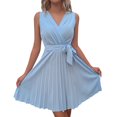 thumbnail image 1 of SMihono A-Line Pleated Dress Women Cross V-Neck Solid Sleeveless Tie Waist Lounge Mini Dress Comfy Evening Dress Formal Dress Blue S, 1 of 7