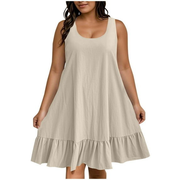 SMihono Baby Doll Dresses Women Casual Plain Crewneck Sleeveless Dress Plus Size Summer Ruffle Hem Flowy Beach Sundress Beige XXXXXL