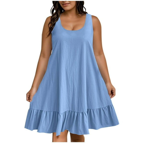 SMihono Baby Doll Dresses Women Casual Plain Crewneck Sleeveless Dress Plus Size Summer Ruffle Hem Flowy Beach Sundress Blue XXXL