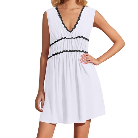 SMihono Beach Cover Ups Mini Dress for Women Summer Loose Deep V Neck 2025 Sleeveless Swing Party Cocktail Babydoll Dresses White XXL