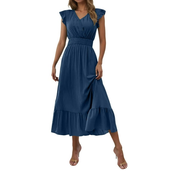 SMihono Beach Dresses for Women Sleeveless Ruffle Short Sleeve Crewneck Vneck Maxi Long Midi Dresses Dresses Women Blue XL