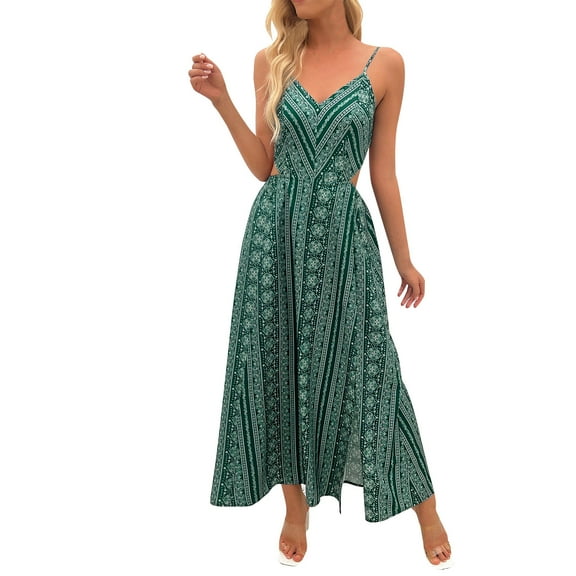 SMihono Boho Dresses for Women 2025 Casual V Neck Flowy Spaghetti Strap Maxi Floral Cocktail Dress Trendy Side Slit Sundress Green S