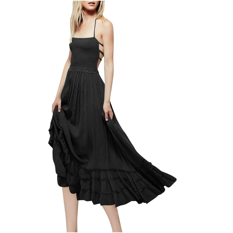 boho maxi dress black Black White Boho Maxi Dress, Long Spaghetti Straps Women Sleeveless Casual Cute Designer Elegant Plus Size Cocktail Party Summer Designer L / White