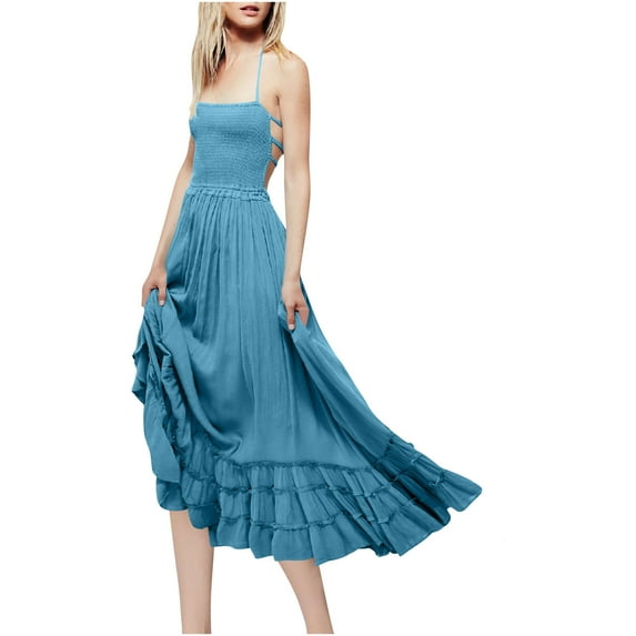 SMihono Boho Dresses for Women 2025 Flowy Spaghetti Strap Backless Ruffle Hem Long Maxi Dress Beach Vacation Clothes Sundress Blue S