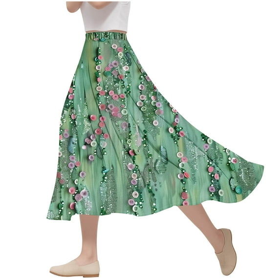 SMihono Boho Maxi Skirt for Women Floral Print Elastic Waist Swing Skirts Summer Comfy Breathable Flowy Beach Skirts Green 14