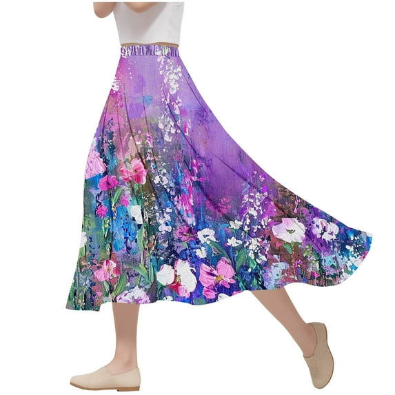 SMihono Boho Maxi Skirt for Women Floral Print Elastic Waist Swing Skirts Summer Comfy Breathable Flowy Beach Skirts Purple 14