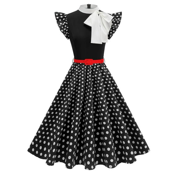 SMihono Bow Tie Neck 1950s Dresses for Girls Vintage 50s Style Polka Dot Dress Retro 50's Audrey Hepburn Rockabilly Party Swing Dress + Belt Black XXL