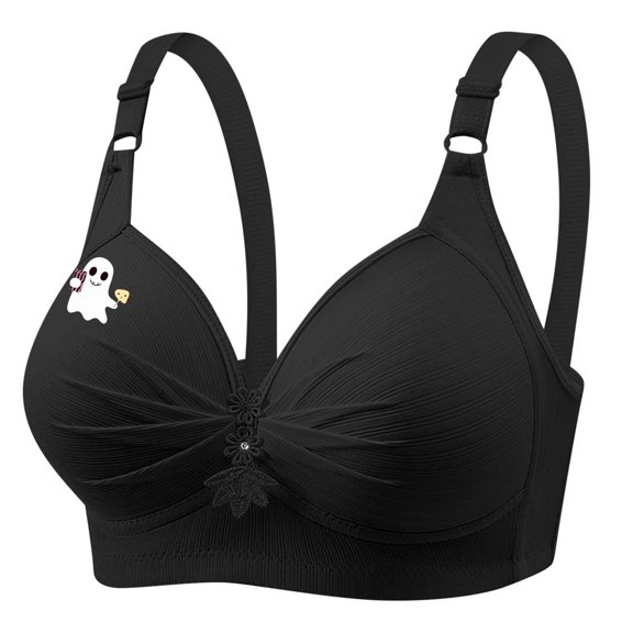 SMihono Bra for Older Women for Sagging Breast No Underwire Lace Gather Bras Cute Ghost Print Comfort Front Pleated T Shirt Bralette Black S