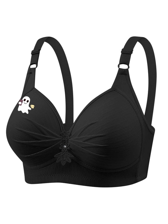 Bra for Older Women for Sagging Breast No Underwire Lace Gather Bras Cute Ghost Print Comfort Front Pleated T Shirt Bralette Black XXL