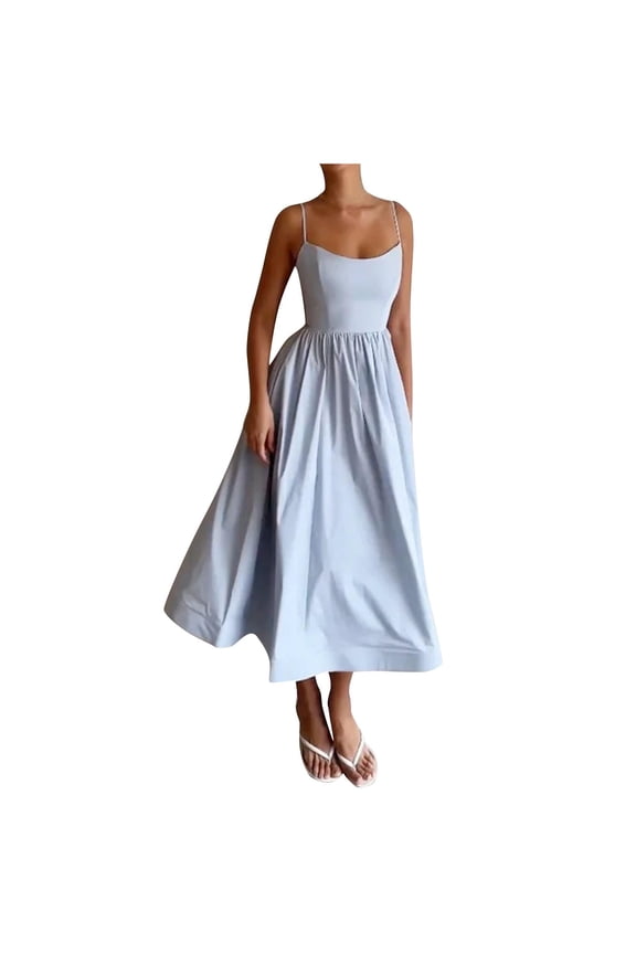 Bubble Dress with Straps High-Waisted Cut Long Colorful Balloon Sundress Beach Sleeveless Puffy Dress Elegant Solid Spaghetti Strap Midi Dress Blue 8