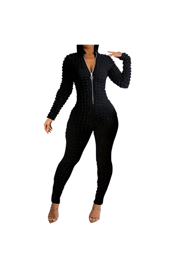 Bubble Texture Workout Jumpsuit for Women Zip Up Stand Collar Bodycon Romper Fashion Trendy One Piece Long Bodysuit Black 8