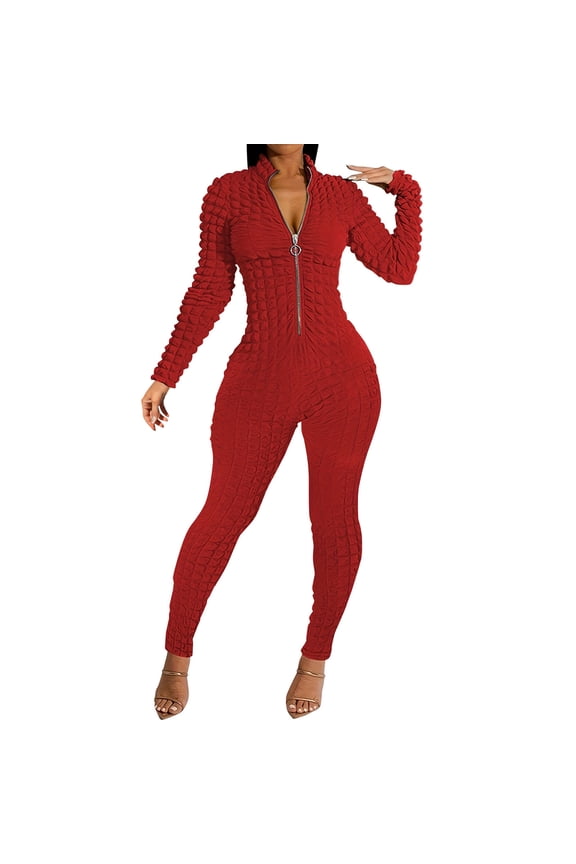 Bubble Texture Workout Jumpsuit for Women Zip Up Stand Collar Bodycon Romper Fashion Trendy One Piece Long Bodysuit Red 8