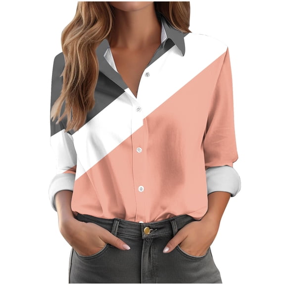 SMihono Button Down Shirts for Women Dressy Long Sleeve Color Block Blouses Business Casual Work Tops Spring Fashion Outfits Orange XL
