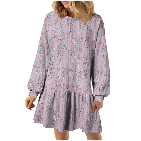 SMihono Casual Floral Dress for Women Loose Comfy Country Pleated Hem Crew Neck Dresses Cozy Long Sleeves Preppy Dress Pink 8