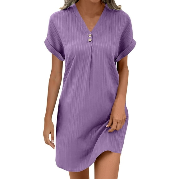 SMihono Casual Short Sleeve Summer Dresses for Women 2025 V Neck Boho Beach Dress Mini T Shirt Sundresses Dressy Work Ouftits Purple L