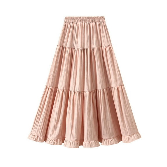 SMihono Casual Skirts Womens Elastic High Waist Medium Long Slim A-Line Pleated Midi Skirt Vintage Solid Color Office Skirt Pink Free Size