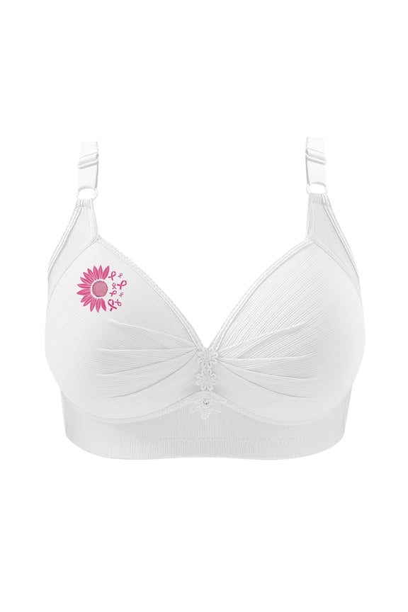 Cervical Cancer Awareness Bra for Older Women for Sagging Breast No Underwire Lace Gather Bras Comfort Front Pleated T Shirt Bralette White XXL