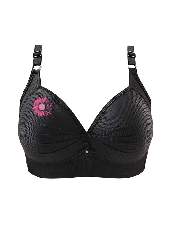 Cervical Cancer Awareness Bra for Older Women for Sagging Breast No Underwire Lace Gather Bras Comfort Front Pleated T Shirt Bralette Black L