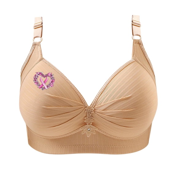 SMihono Cervical Cancer Awareness Comfort Bras for Women No Underwire Push Up Bralette Plus Size Breast Cancer Printed Wire Free Full Support Bra Beige S