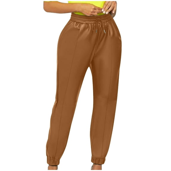 SMihono Clearance 2024 Young Ladies Skinny Slim Fit Full Length Pants Fashion Women's Solid High Waisted Pants Ladies Button Slim Leather Pants Brown 6