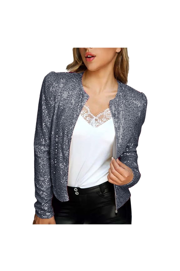 Autumn Party Cardigan Blazer Blouse Fashion Womens Casual Long Sleeve Solid Sequined Zip Up Crew Neck Slim Hoodless Outerwear Female Outerwear Gray L