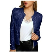 SMihono Clearance Autumn Party Cardigan Blazer Blouse Fashion Womens Casual Long Sleeve Solid Sequined Zip Up Crew Neck Slim Hoodless Outerwear Female Outerwear Navy XL