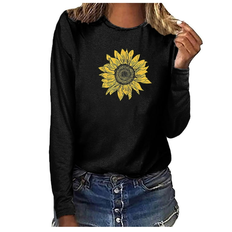 SMihono Clearance Autumn Winter Blouse Womens Plus Size Sunflower Print  Crew Neck Long Sleeve T Shirts Ladies Fashion Loose Casual Female Outerwear