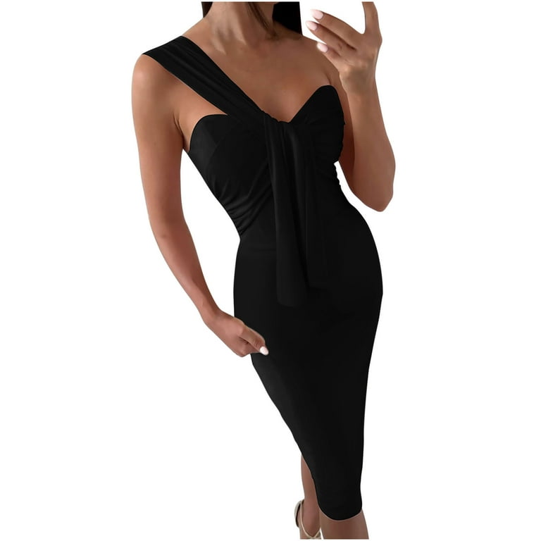 SMihono Clearance Bandage Hip Wrap Midi Dresses for Women Womens Skinny  Slim Summer Sexy Solid Color One Shoulder Sleeveless Female Outwear Black L  
