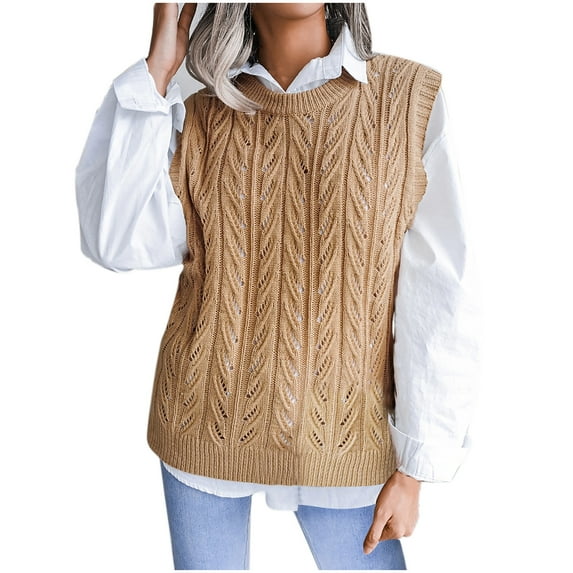 SMihono Clearance Crew Neck Hollow Twist Knitted Vest Sweaters Fashion Womens Plus Solid Sleeveless Casual Vest Female Leisure Khaki S