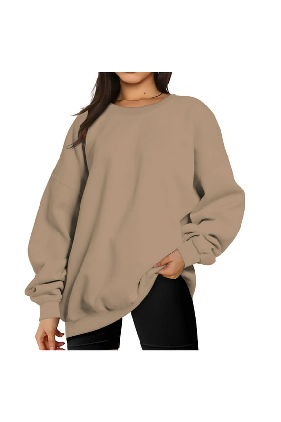 Crew Neck Sweatshirt Solid Color Blouse Womens Loose Female Leisure Casual Outwear Fashion Women Long Sleeve Tops Khaki L