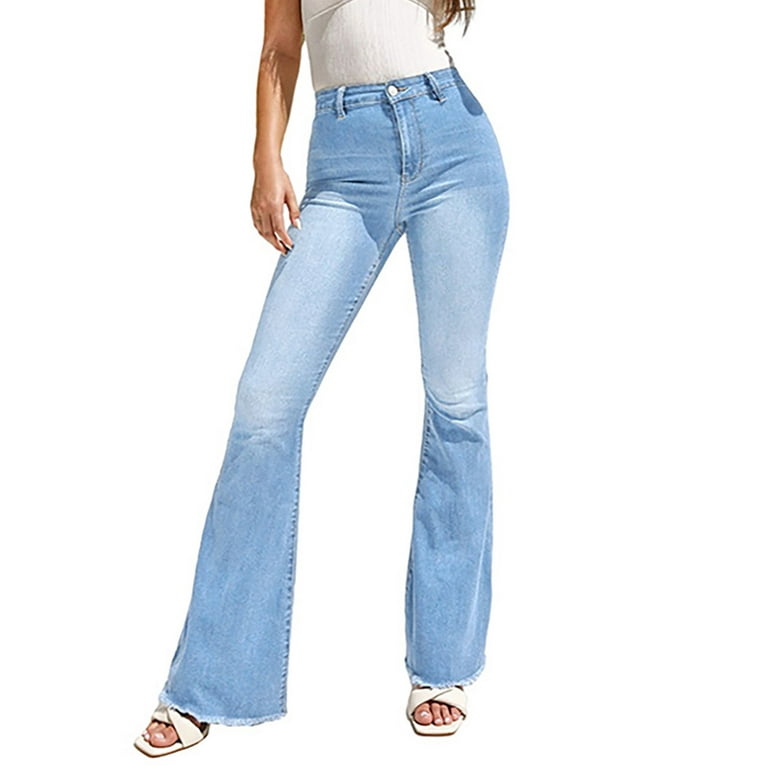 SMihono Clearance Fashion Ladies Denim Flare Pants Button Sexy Long Jeans  for Women Casual Pockets Solid Color Slim Fit Mid Waist Pocket Full Length