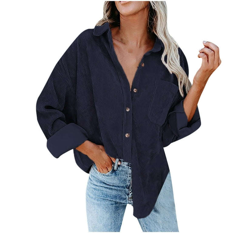 SMihono Clearance Fashion Ladies Tops Loose Casual Solid Bust Pocket Trendy  Comfy Corduroy Blouse Shirts for Women Long Sleeve Button Lapel V Neck  Female Leisure Navy 4 