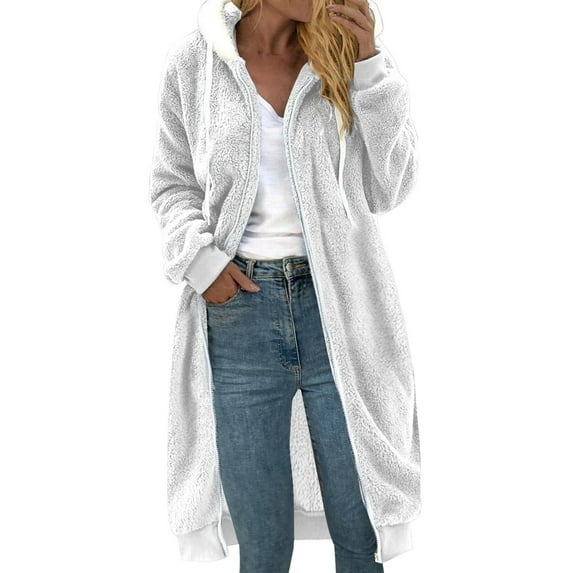 SMihono Fashion Women's Zipper V-Neck Pullover Tops Hooded Blouse Coat Winter Warm Long Sleeve Casual Outwear Jackets for Womens Love White 10
