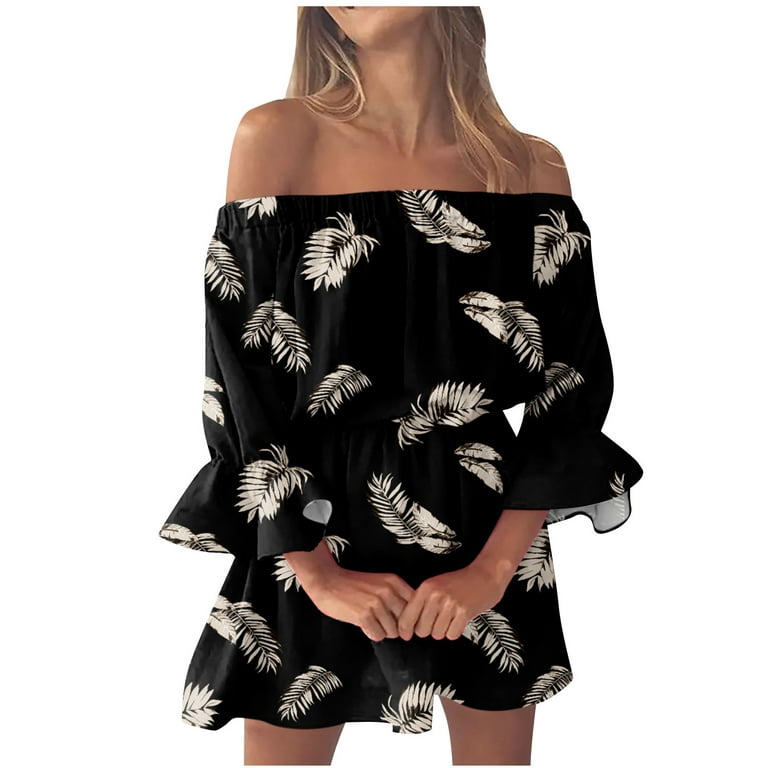 SMihono Clearance Gradient Patchwork Print Short Dresses for Women Stylish  Womens Skinny Slim Summer Sexy Casual Off The Shoulder Short Sleeve Bell  Sleeve Female Outwear Black M 