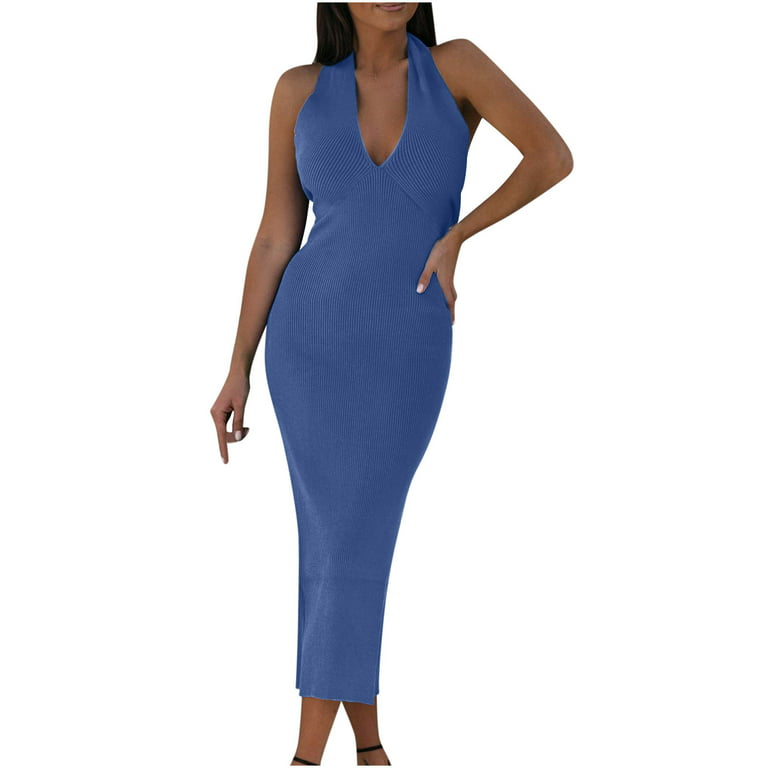 SMihono Clearance Hip Long Dresses for Women Womens Skinny Slim Summer Sexy  Solid Color Backless Deep V-Neck Sleeveless Female Outwear Blue S 