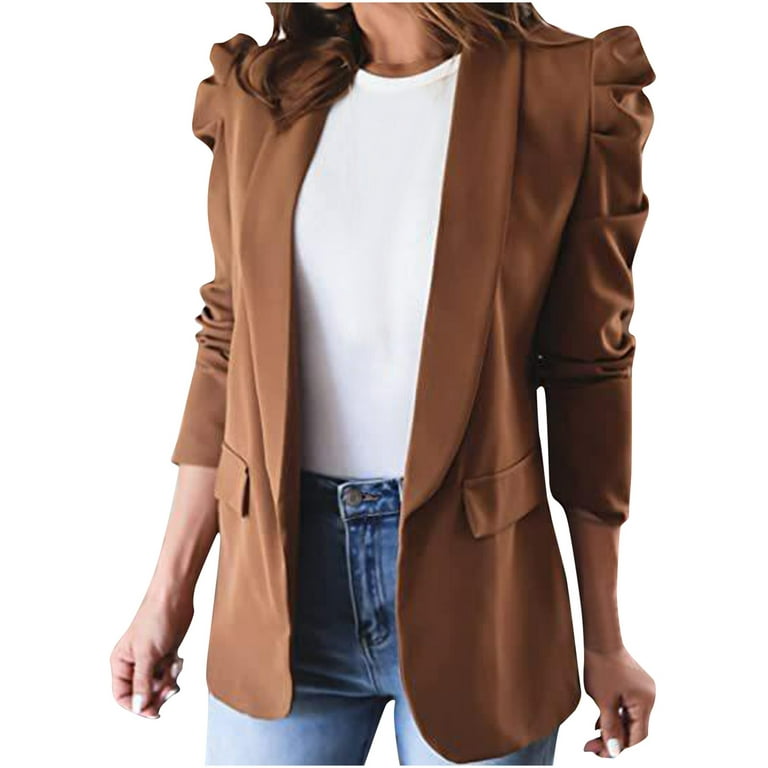 SMihono Clearance Hoodless Lapel Office Coat Cardigans Loose Suit Long  Jacket Tops Womens Loose Solid Color Pockets Long Sleeve Ruffle Shoulder  Female Outerwear Khaki M 
