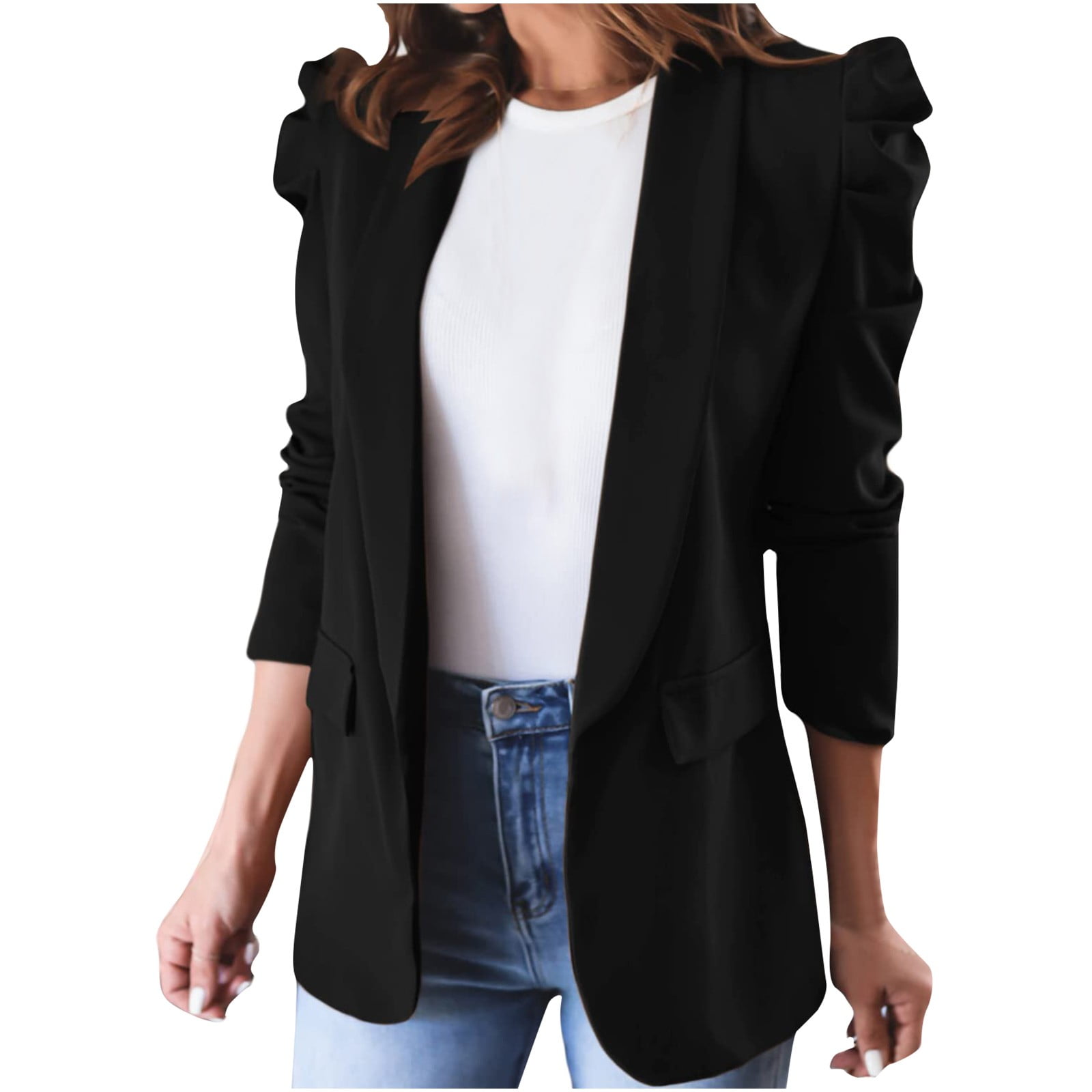 SMihono Clearance Hoodless Lapel Office Coat Cardigans Loose Suit Long  Jacket Tops Womens Loose Solid Color Pockets Long Sleeve Ruffle Shoulder  Female Outerwear Khaki M 