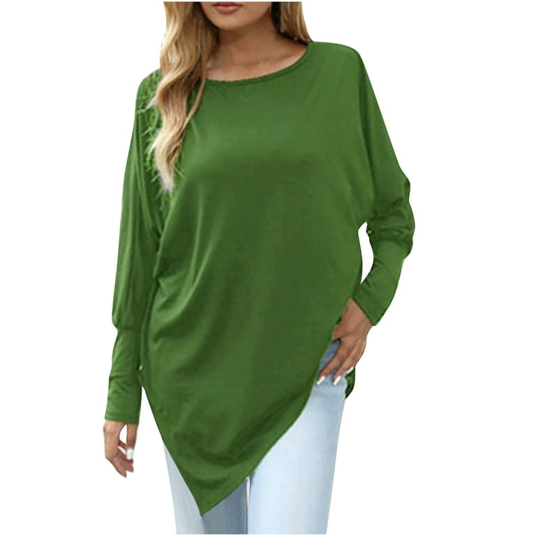 SMihono Clearance Irregular Shirts for Women Tops Blouse Women's Fashion  Casual Crew Neck Long Sleeve Bishop Sleeve Comfortable Solid Color Female  Leisure Green M 