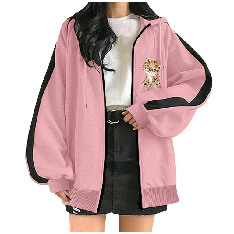 SMihono Clearance Jacket Sweatshirts Cute Fox Print Long Sleeve Slouchy  Style Cardigan Loose Casual Drawstring Zip Up Hoodie Coats for Women  Fashion Ladies Female Leisure Pink L 