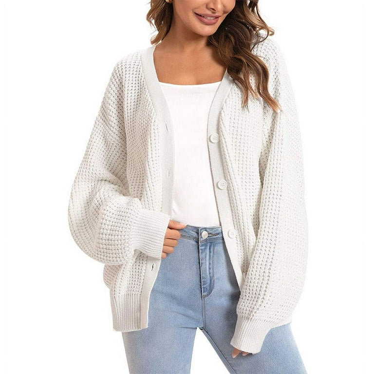 SMihono Clearance Knit Sweater Midi Cardigan Ladies Fashion Tops Womens  Loose Casual Long Sleeve Lantern Sleeve V Neck Button Solid Color Female  Outerwear White S 