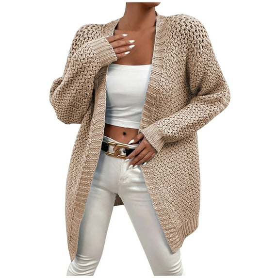 SMihono Knitting Loose Cable Long Sleeve Cardigan Sweaters Womens Plus Casual Solid Tops for Women Female Leisure Khaki L