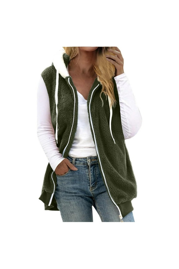Ladies Sleeveless Hooded Casual Outwear Jackets Womens Fall Winter Coat Zip Up Warm Jackets Outerwear With Pockets Army Green 12