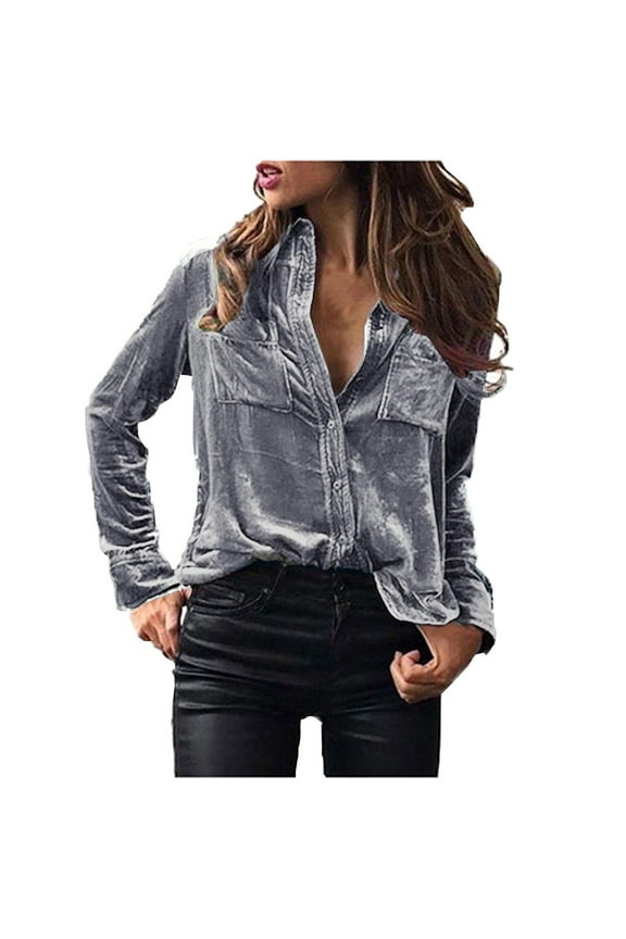 Ladies Velvet Shirts Blouse Womens Plus Size Bust Pocket Solid Color Loose Casual Long Sleeve Button Autumn Winter Crew Neck Female Outerwear Silver L