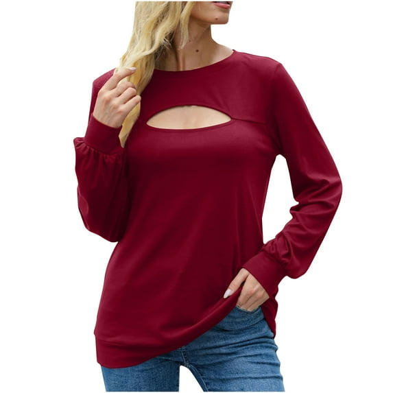 SMihono Clearance Lantern Sleeve Tunic T Shirt Blouse Womens Plus Size Solid Color Long Sleeve Crew Neck Keyhole Neck Solid Color Female Leisure Wine S
