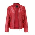 thumbnail image 1 of SMihono Leather Short Jacket Zip Up Long Sleeve Stand Collar High Neck Motorcycle Suit Slim Fit With Pocket Ladies Fashion Solid Color Female Outerwear Red L, 1 of 6
