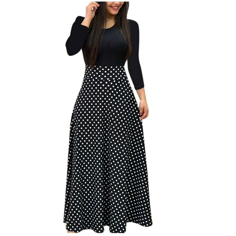 SMihono Clearance Long Dresses for Women Maxi Dresses Womens Skinny Slim  Summer Long Sleeve Crew Neck Color Contrast Stripe Stitch Print Casual Crew  Neck Female Outwear Black S 