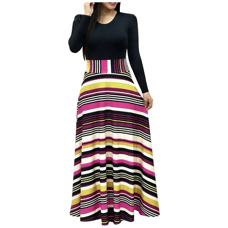 SMihono Clearance Long Dresses for Women Maxi Dresses Womens Skinny Slim  Summer Long Sleeve Crew Neck Color Contrast Stripe Stitch Print Casual Crew  Neck Female Outwear Multicolor M 