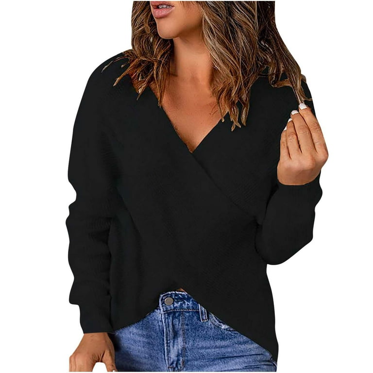 SMihono Clearance Long Sleeve Pullover V Neck Casual Wrap Sweaters Fashion  Womens Plus Loose Winter Solid Tops for Women Female Leisure Black XL 
