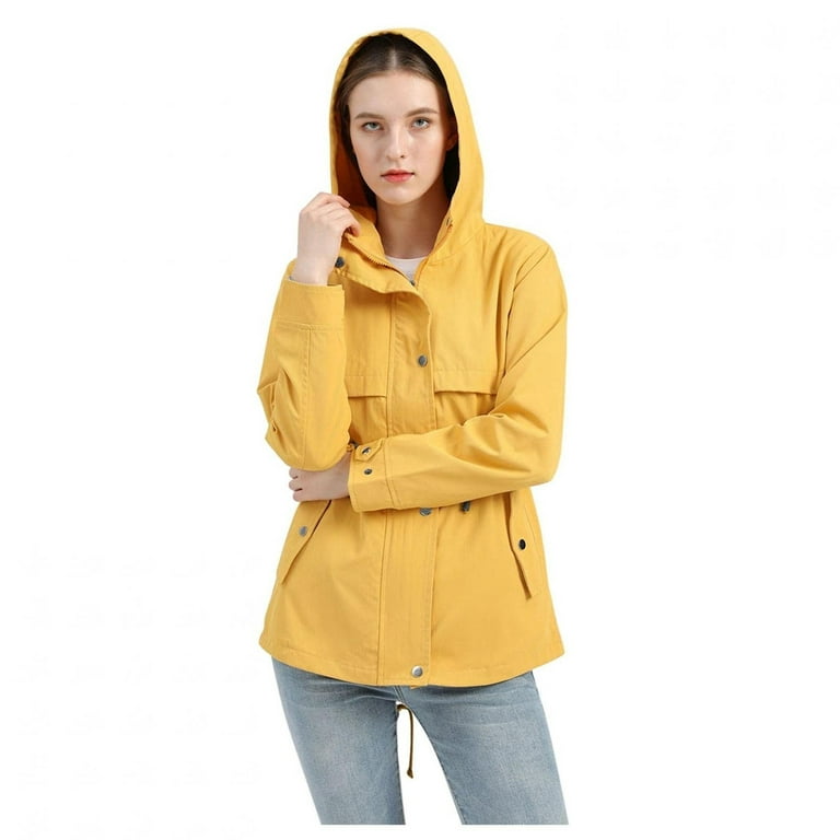 SMihono Clearance Long Sleeve Slim Fit Tunic Walking Midi Coat Women's  Solid Color Rain Waterproof Jacket With Removable Hoodie Casual Lightweight  Windbreaker Outdoor Female Outerwear Yellow XL 