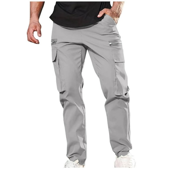 SMihono Clearance Mens Elastic Waist Full Length Zipper Pants Athletic-Fit Hiking Outdoor Camping Men Casual Multiple Pockets Outdoor Straight Type Fitness Pants Cargo Pants Trousers Gray 12